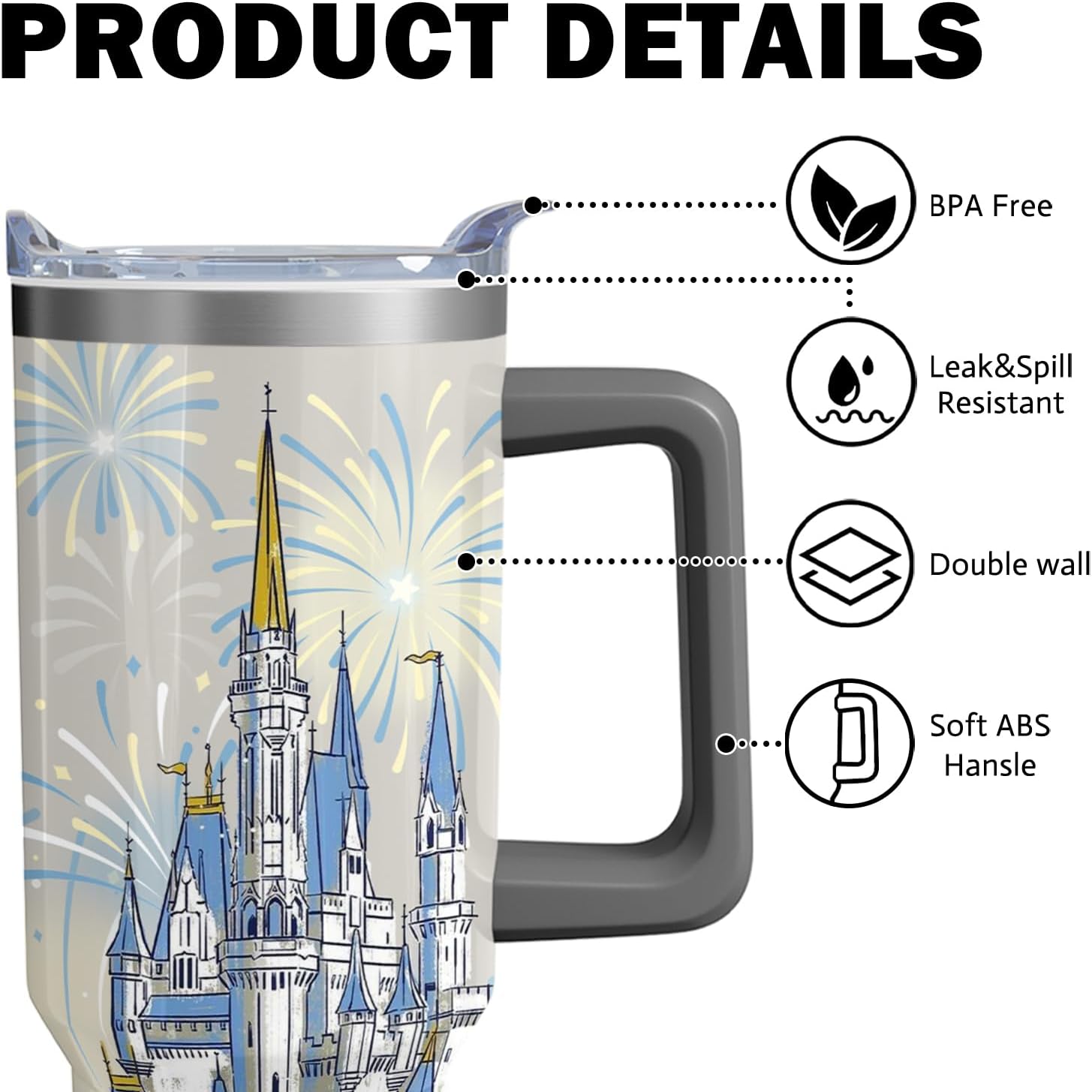 40oz Cartoon Blue Castle Theme Tumbler | with Handle and Lid and Straw | Firework Travel Coffee Mug -Birthday,Christmas Gift - Image 2