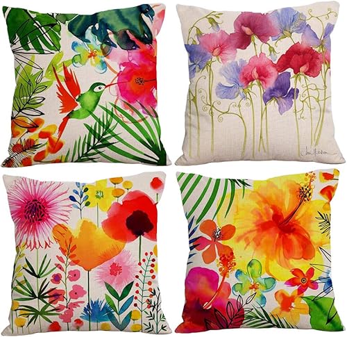 Funda de almohada decorativa para exteriores de 18 x 18 pulgadas, fundas de cojín de flores de patio para sofá, cama (relleno no incluido), 4