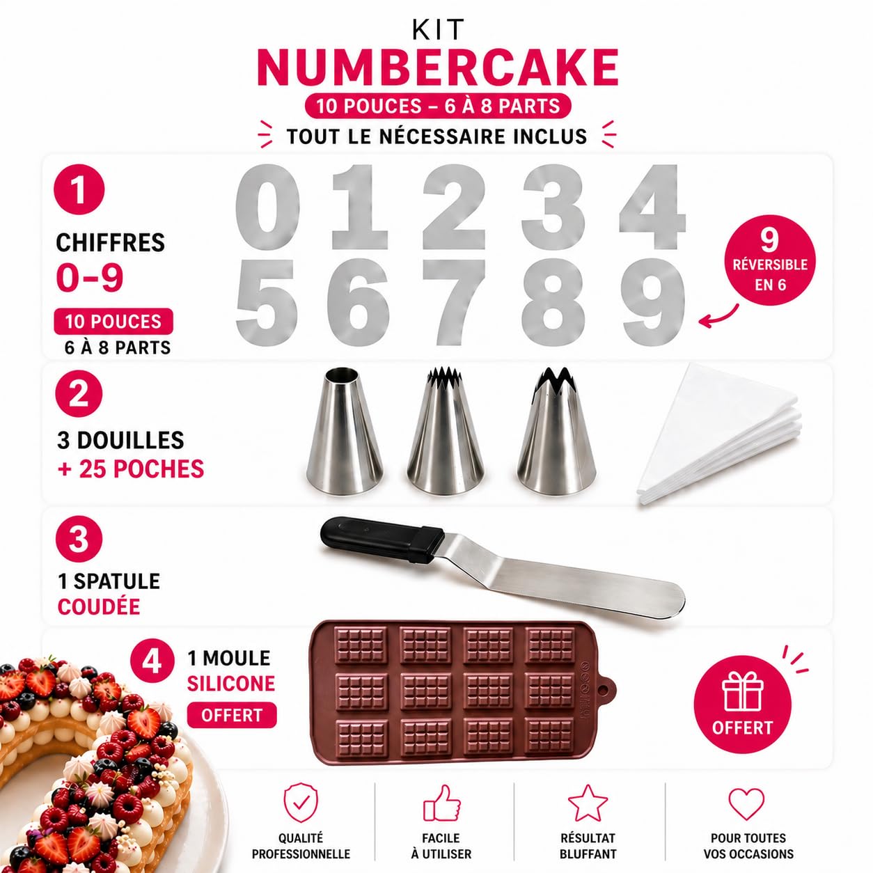 Number Cake Kit Complet 6-8 Parts – Gâteau Chiffre Parfait Dès le Premier Essai | Chiffres 0-9 + Douilles + Poches + Spatule + Moule Chocolat Offert