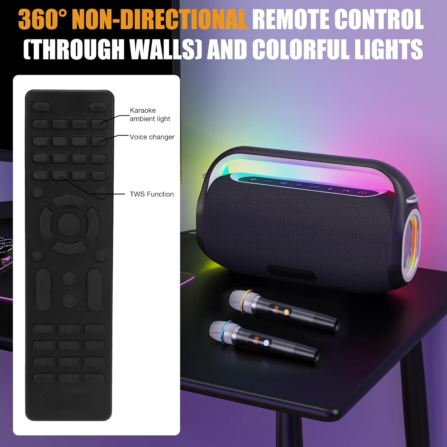 The K2pro speaker with its colorful RGB lights illuminated, next to the remote control, highlighting its 360-degree non-directional functionality.