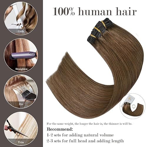Miniatura 2 de Honsoo Extensiones de cabello humano real con clip, color castaño castaño 15 pulgadas, 2.47 oz, 7 unidades, extensiones de cabello humano lacio