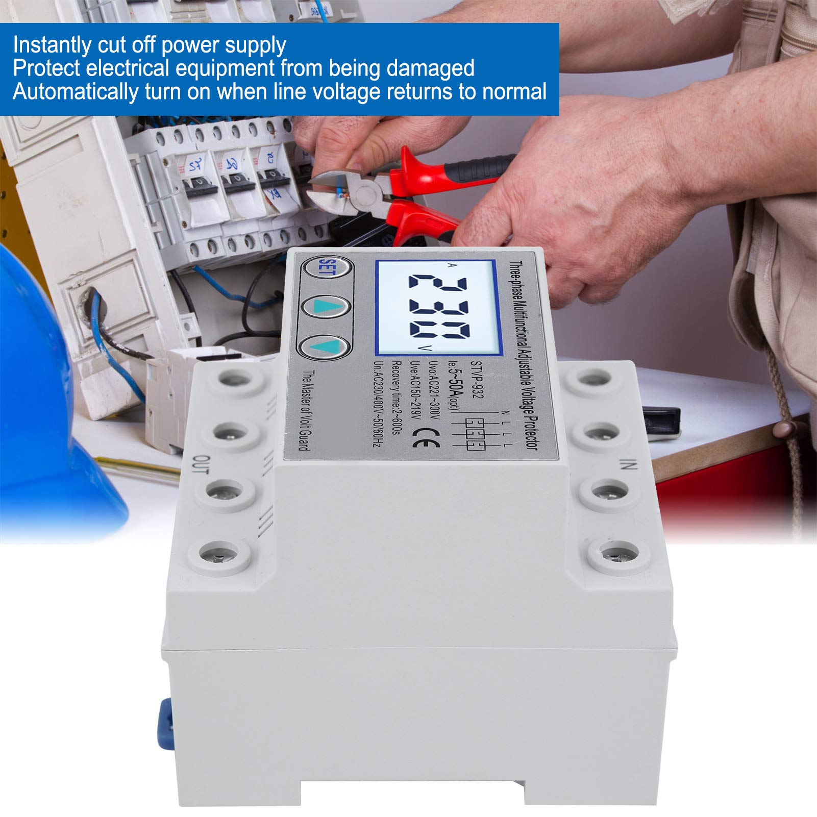 Protezione della tensione, protezione della tensione regolabile LCD trifase Multifunzione a ripristino automatico STVP-932 230 V / 400 V CA(50A)