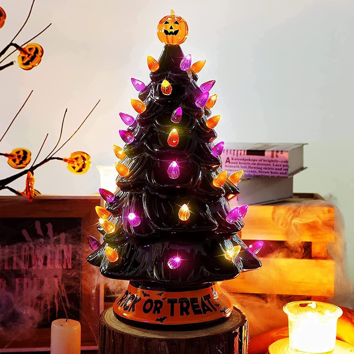2023 Prelit Ceramic Tabletop Halloween Tree, Black Ceramic