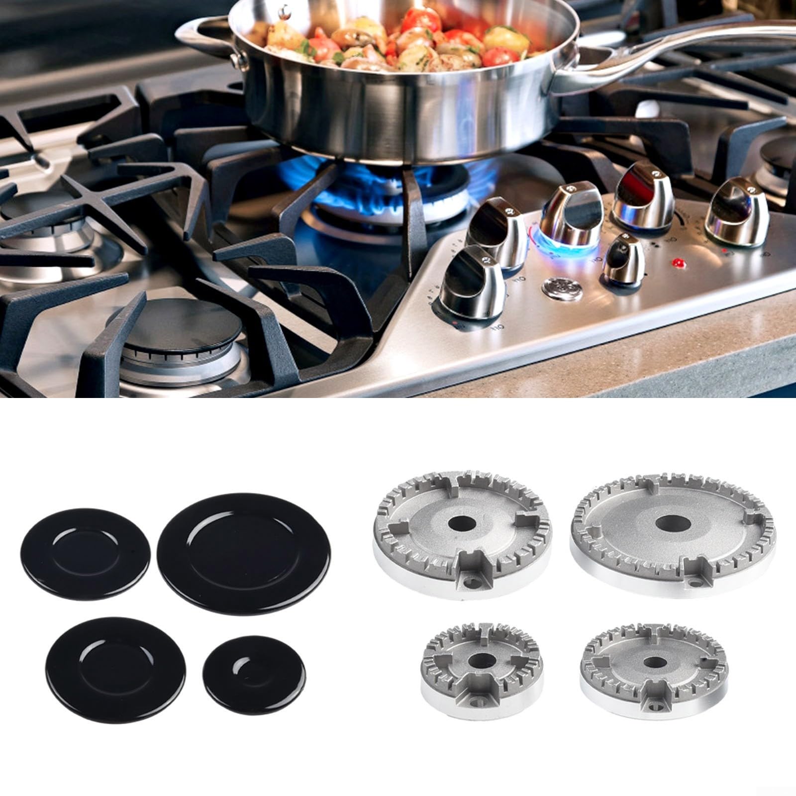 Herdhut-Set, Herddeckel-Flammenkappe, Herdkopf-Flammensplitter-Set passend für Gasbrenner, Kronenkappen-Set passend für die meisten Gasherd-Brenner (konkav)