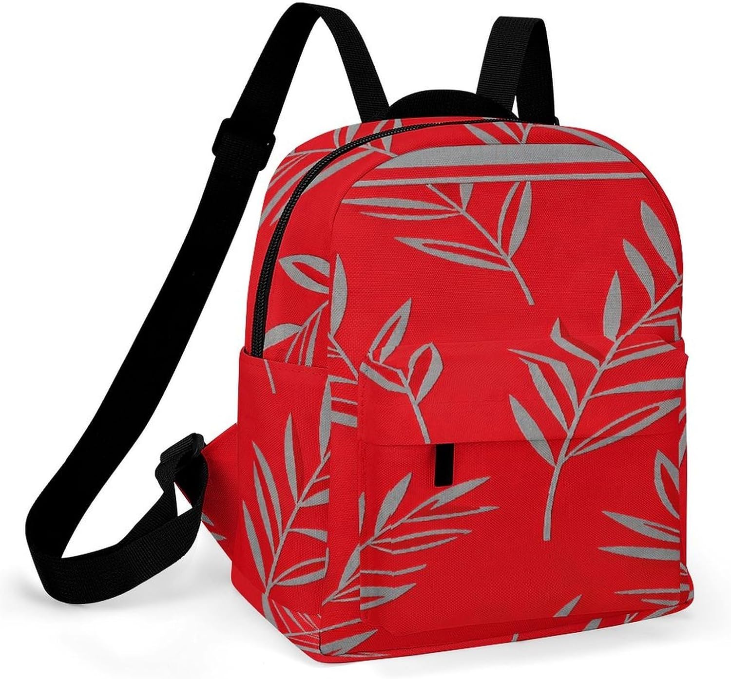 Grey Red Print Mini Backpack Purse for Women | Waterproof durable oxford cloth casual daypack, lightweight small rucksack for work travel outdoor camping daily use & gift