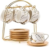 LUKA Stackable Ceramic Espresso Cups Set of 6 with Saucers & Metal Stand - 4oz Marbling White Demitasse for Coffee, Tea, Cappuccino