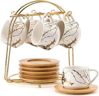 LUKA Stackable Ceramic Espresso Cups Set of 6 with Saucers & Metal Stand - 4oz Marbling White Demitasse for Coffee, Tea, Cappuccino