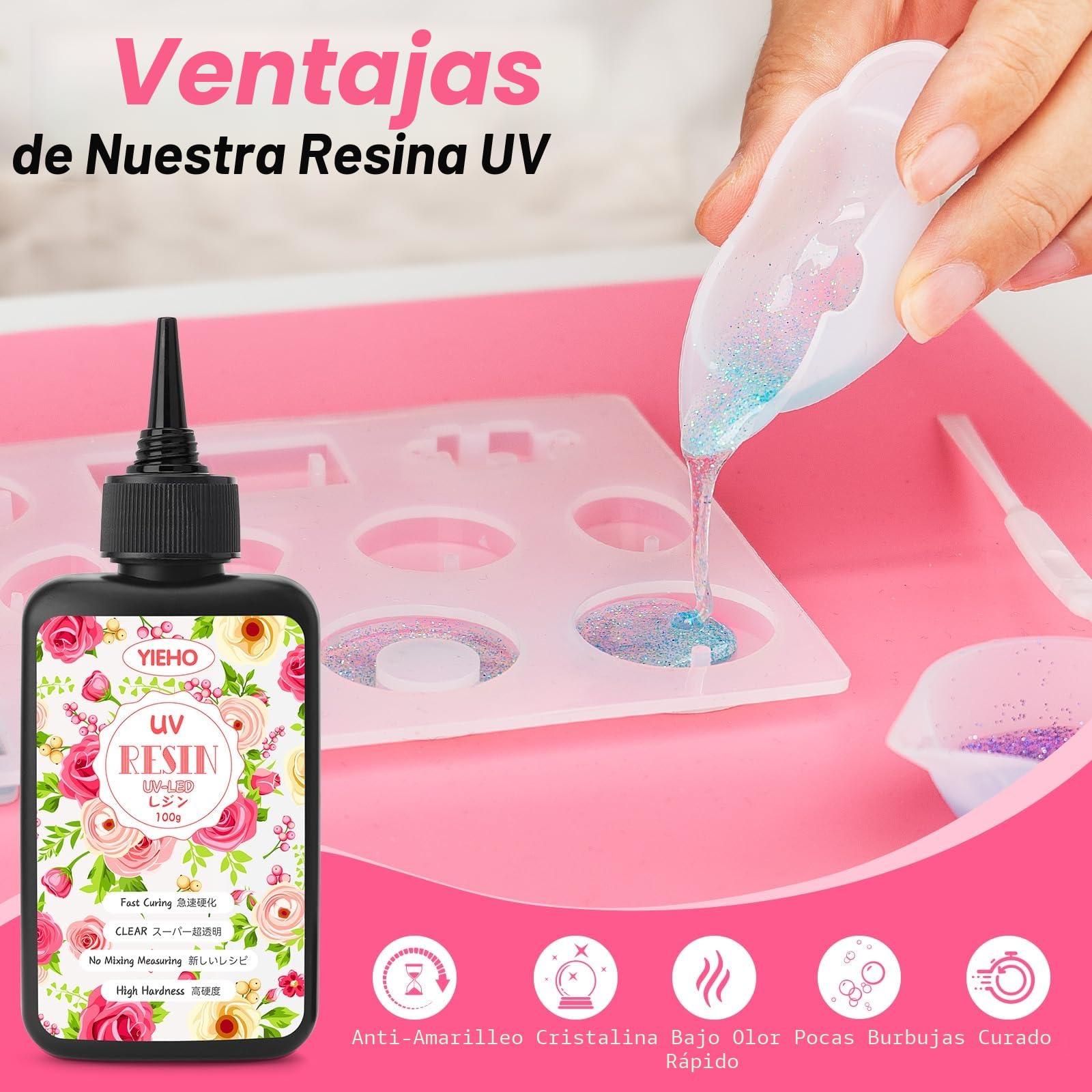 YIEHO 300g Kit Resina UV con Lámpara y Moldes, Resina Epoxi Transparente Curado UV Dura Manualidades Completo Inicial para Crear Joyas, Ideal para DIY Llaveros, Pendientes y Collares