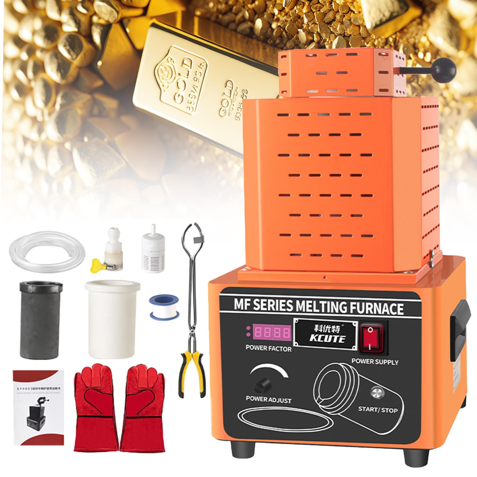 SENJINGHUA Electric Gold Melting Furnace, gold melting furnace 1600℃/2912℉ Digital Melting Furnace Machine, Metal Casting Kit with Graphite Crucible, Melting Time 3-5 Minutes Orange-1kg