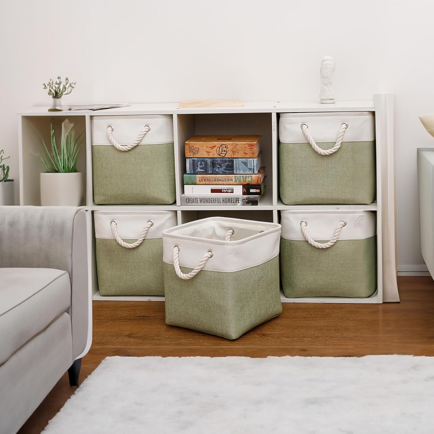 Fabric Storage Cubes, 11 inch cube storage bin with Handles, 11x11cube storage organizer bins, Collapsible Storage Bins for Shelves and Home, Cubby Storage Bins (white-green, 10.5x10.5x11in) - Image 5