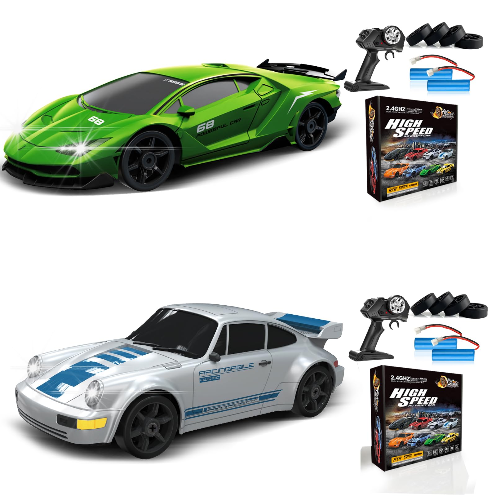 2PCS Remote Control Car RC Drift Car 2.4GHz 1:24 4WD 15KM/H High Speed Racing Sport Car with LED Lights Drifting Tire Racing Sport Toy for Adults Boys Girls Kids Gift 2Pcs Rechargeable Batteries