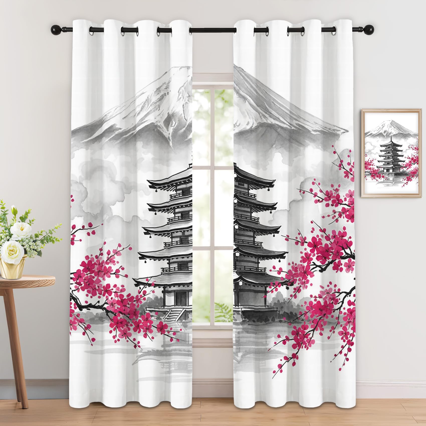 Rideau Occultant Thermiques Fleur de Cerisier Mont Fuji Japonais - Lot de 2 Rideaux Imprimé pour Salon Chambre Fenetre Cuisine, Rideaux et Draperies Intérieurs à Oeillets, 140x220 cm (LxH)