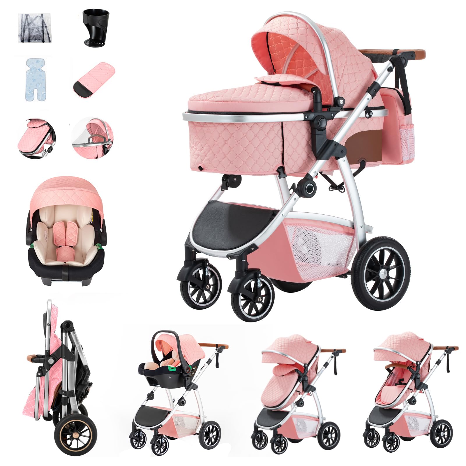 Zkiprm Baby Stroller 3-in-1, Travel System Includes Car Seat, Pushchair and Pram, Compact Stroller with Adjustable Armrests, Impact Protection, Landscape High Aluminum Frame