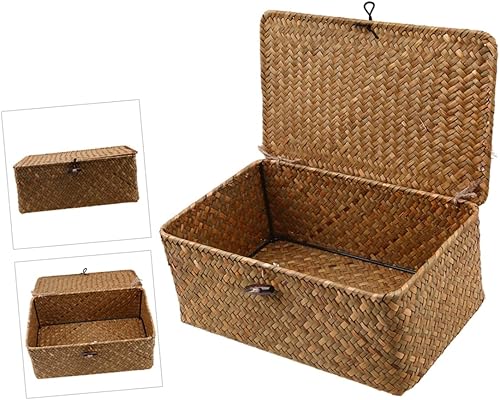 Miniatura 9 de BESTOYARD Cofres de almacenamiento tejidos de ratán con tapa, cestas de almacenamiento de mimbre, organizador de almacenamiento de alimentos tejido