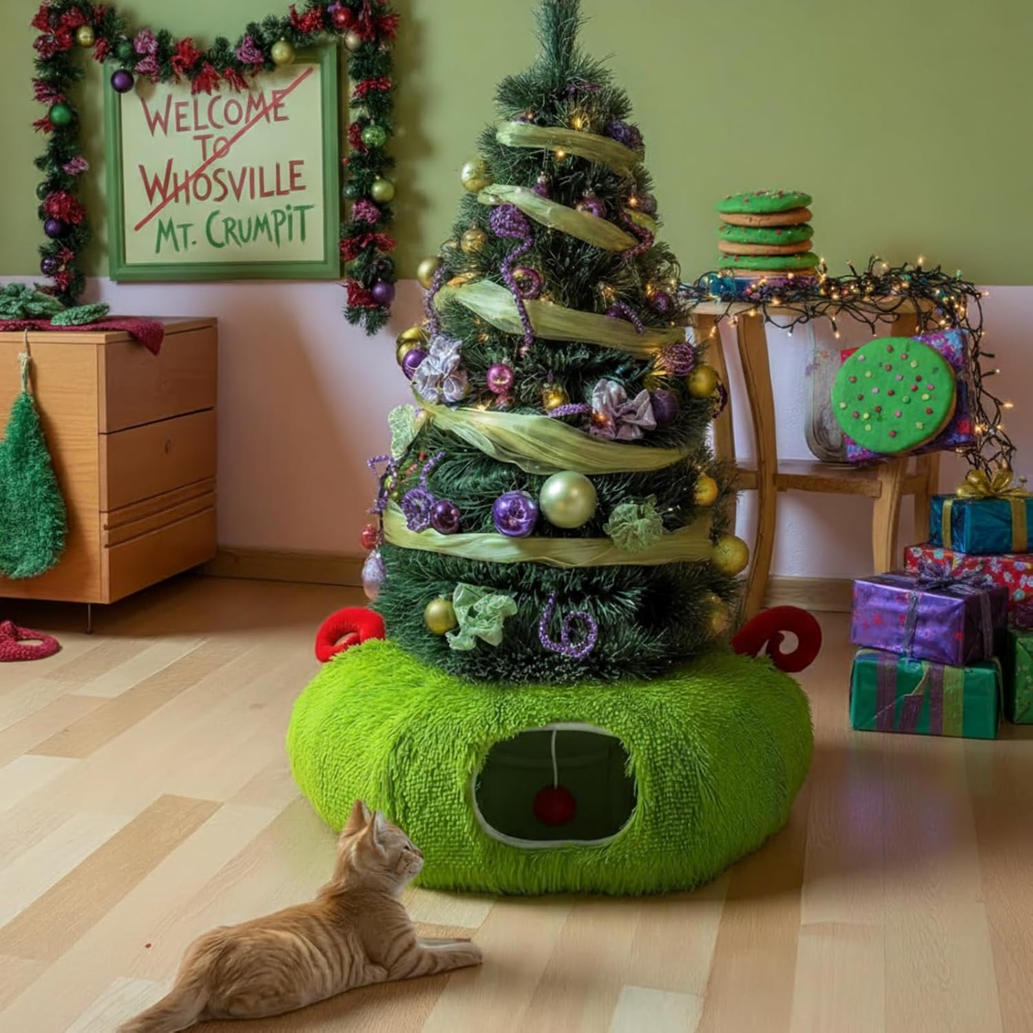 Frienda Fluffy Plush Cat Tunnel Bed Christmas Tree Skirt Lime Green Cat Donut Tunnel Under Tree 3ft x 3ft x 9.4in Christmas Peekaboo Circle Cave Toy Home Decor for Kitten Puppy Rabbit Ferret Gift