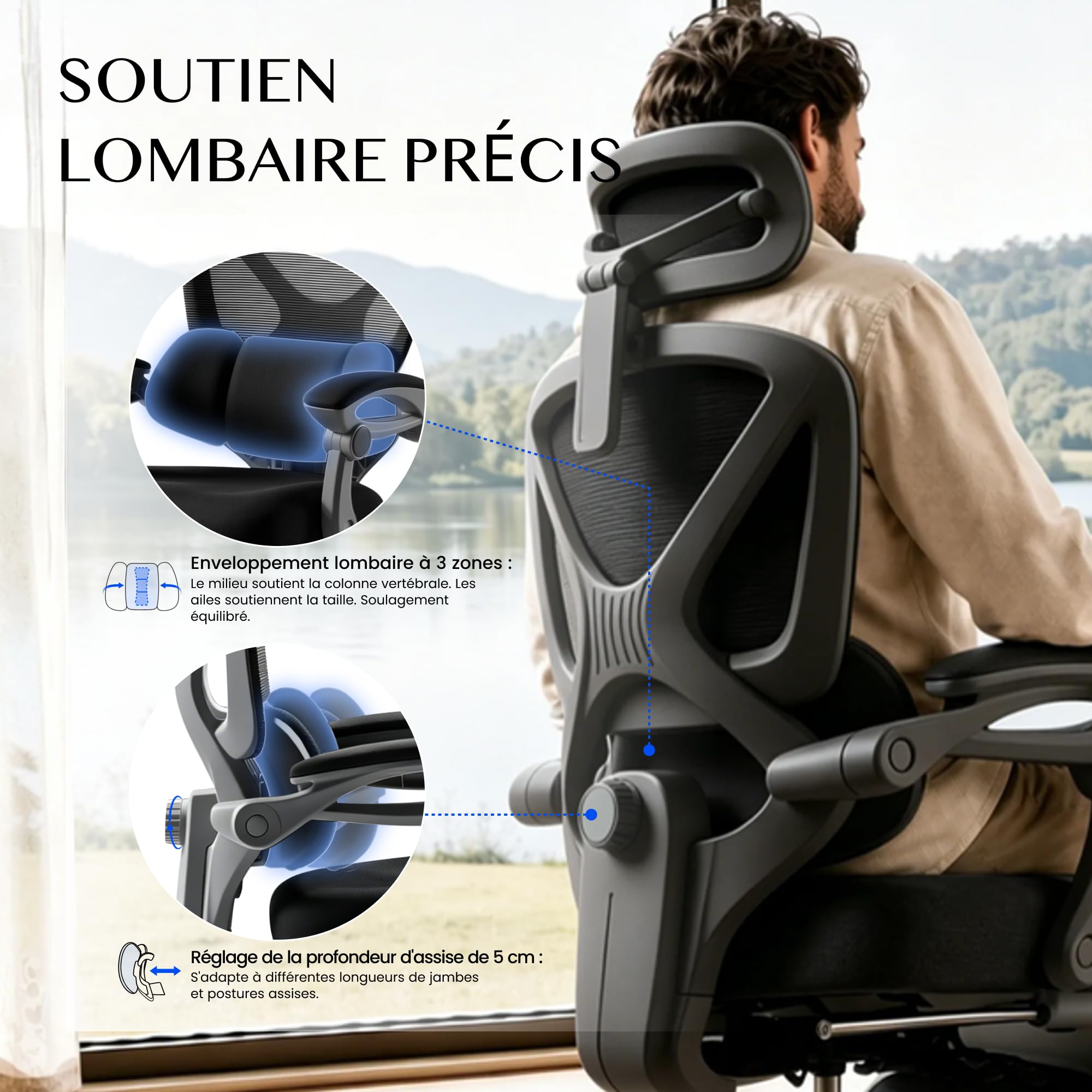 FLEXISPOT OC4 Chaise de Bureau Ergonomique, Soutien Lombaire 2D Indépendant en C avec Effet Enveloppant, Inclinaison 90-135°, Appui-tête 3D, Accoudoirs Auto, Chaise Gaming en Maille, Noir