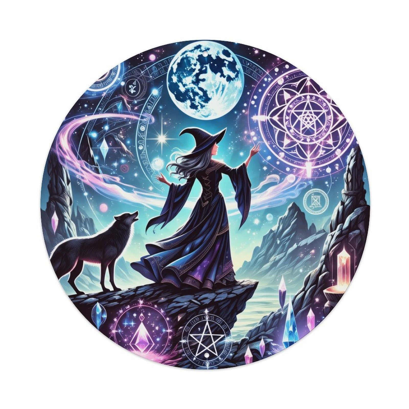 Mystic Witch Moon Wolf Crystal Round Tin Sign Vintage Metal Poster, Home Bar Garage Man Cave Cafe Indoor & Outdoor Wall Decoration 8x8Inches