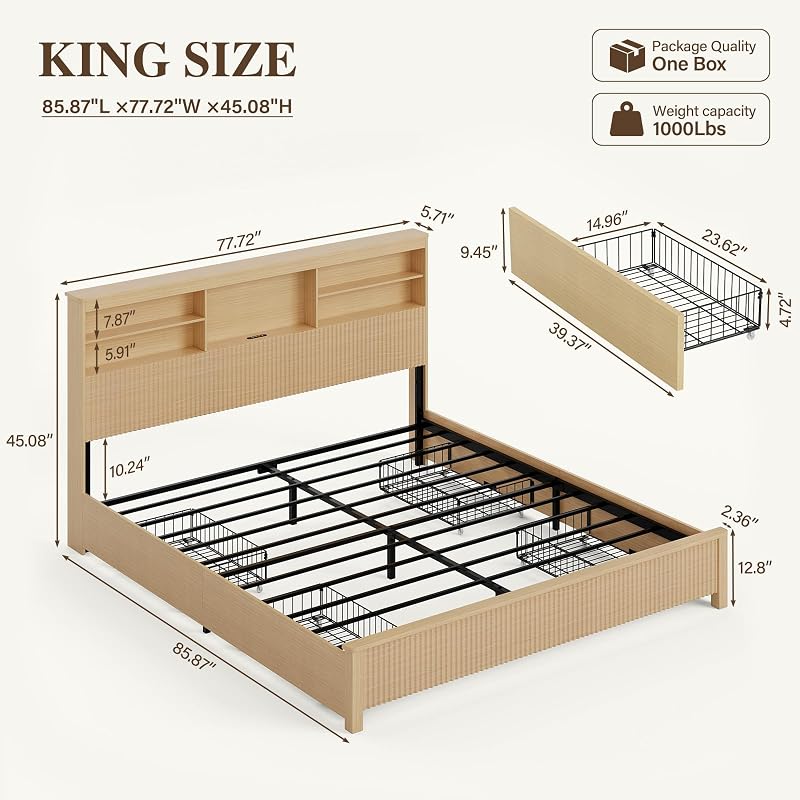 King Size Bed Frame with 4 Storage Drawers, Natural image 2