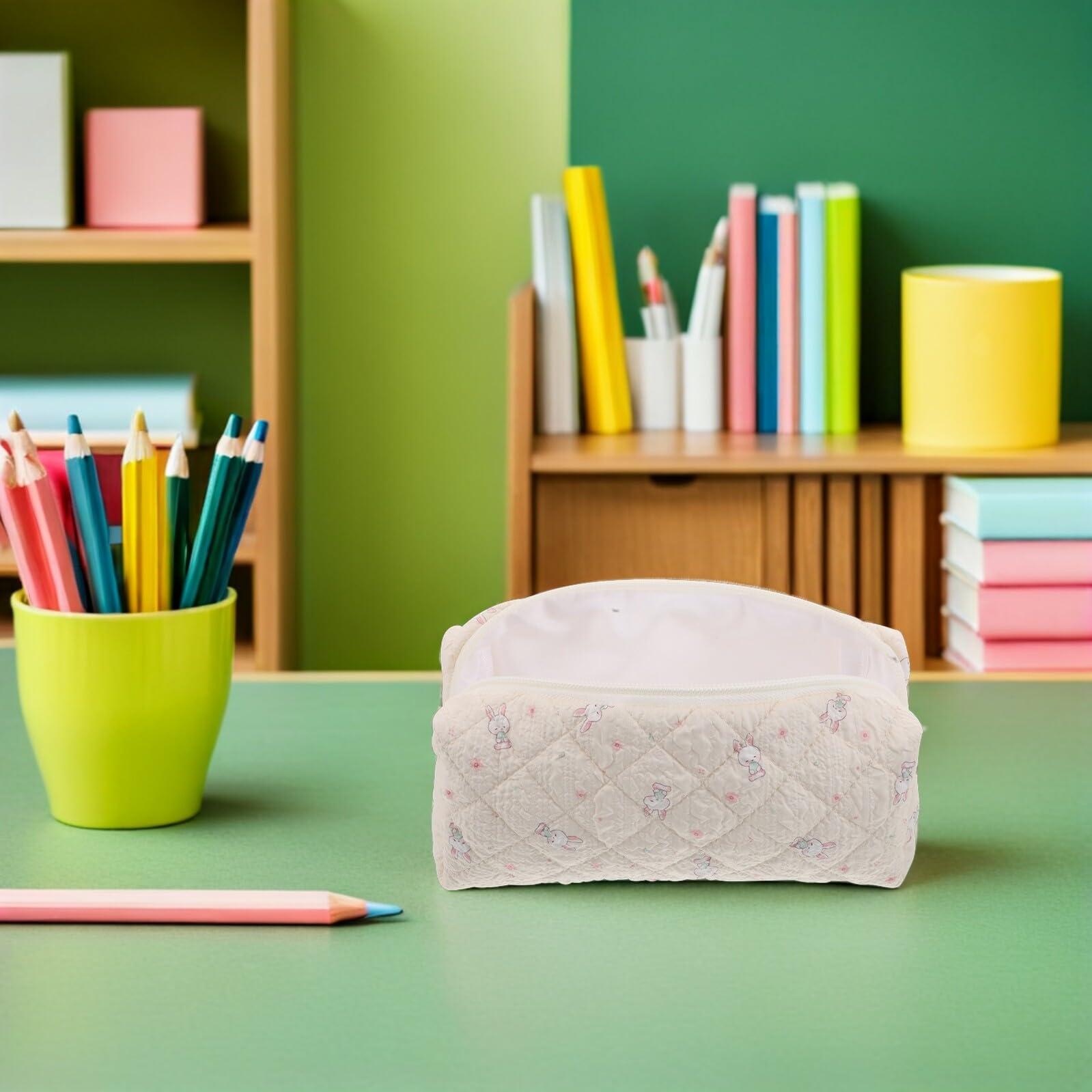 WOONEKY Grosse Trousse à Crayons en Tissu Beige, Organiseur Stable