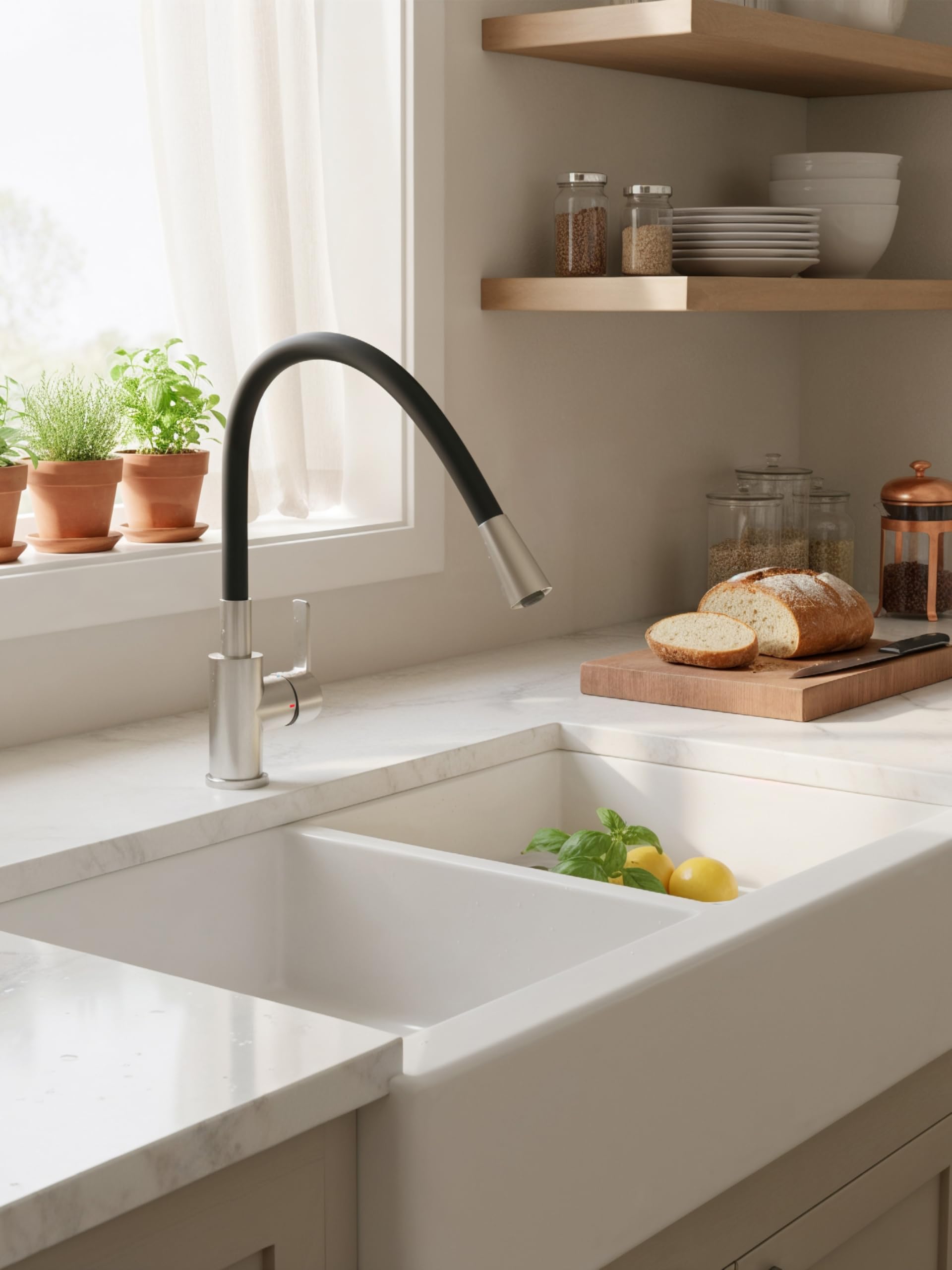 EISL Flexo Edelstahl/Schwarz Flexible Spültischarmatur Niederdruck, biegsamer Wasserhahn für die Küche, mit Soft-Touch-Schlauch, 360 Grad schwenkbar, Wasserhahn Küche flexibel, NI186FLNIB-LPU