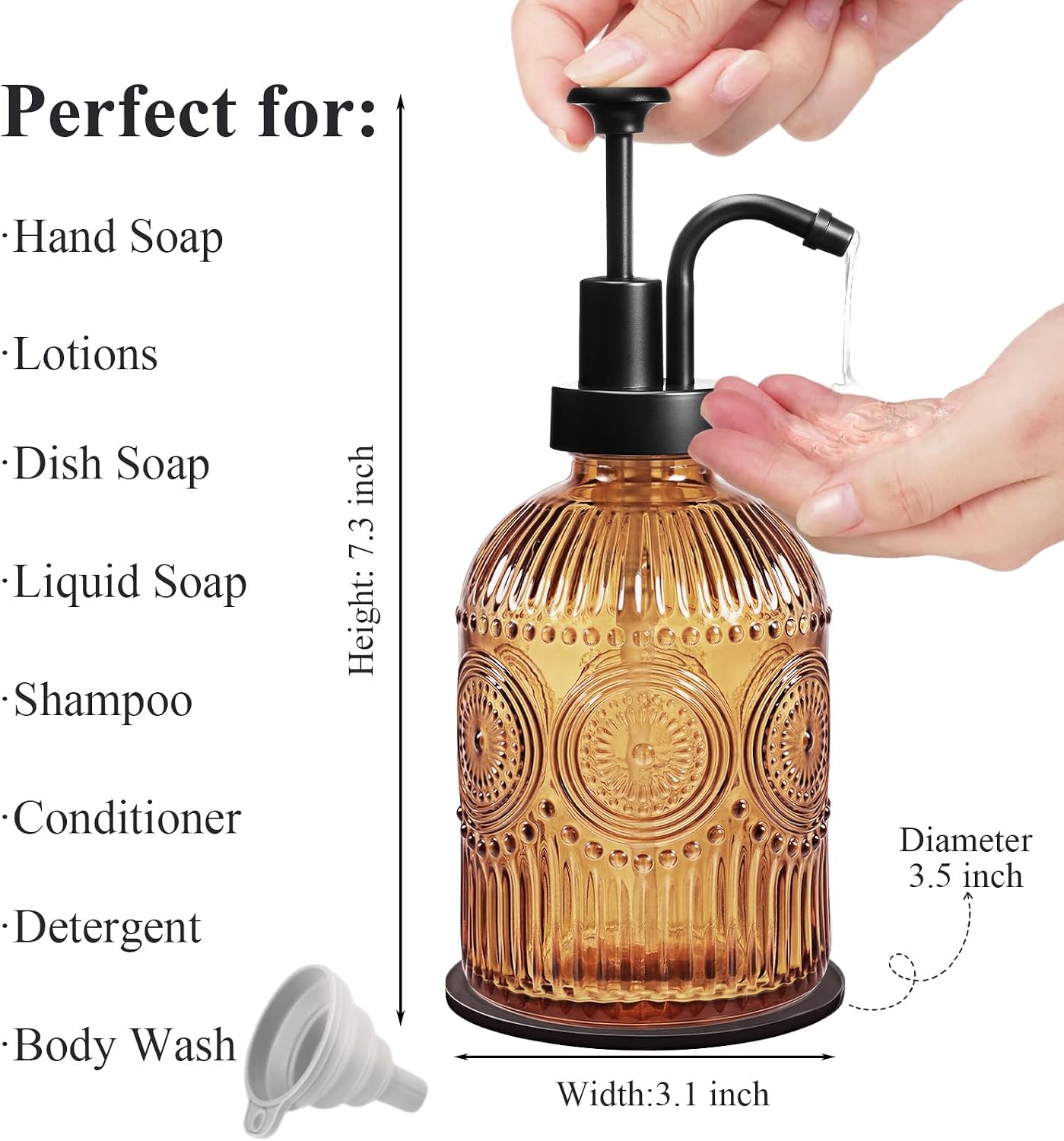 Amolliar 12 Oz Glass Soap Dispenser with Plastic Pump,Brown-Black,1 Pack
