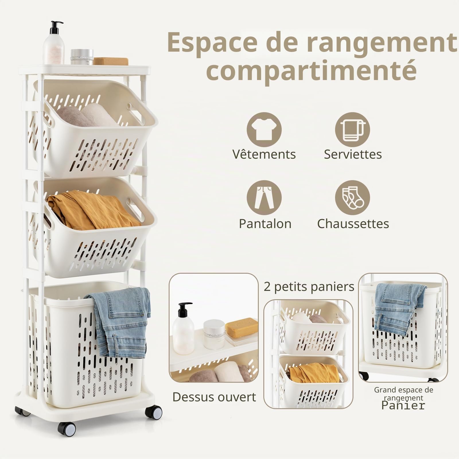 COSTWAY Panier Linge Sale 3 Compartiment, Bac à Linge à Roulettes Verrouillables, Meuble Linge Sale, Panier a Linge Amovible avec Poignée pour Salle de Bain, Buanderie, 40 x 30 x 112 cm
