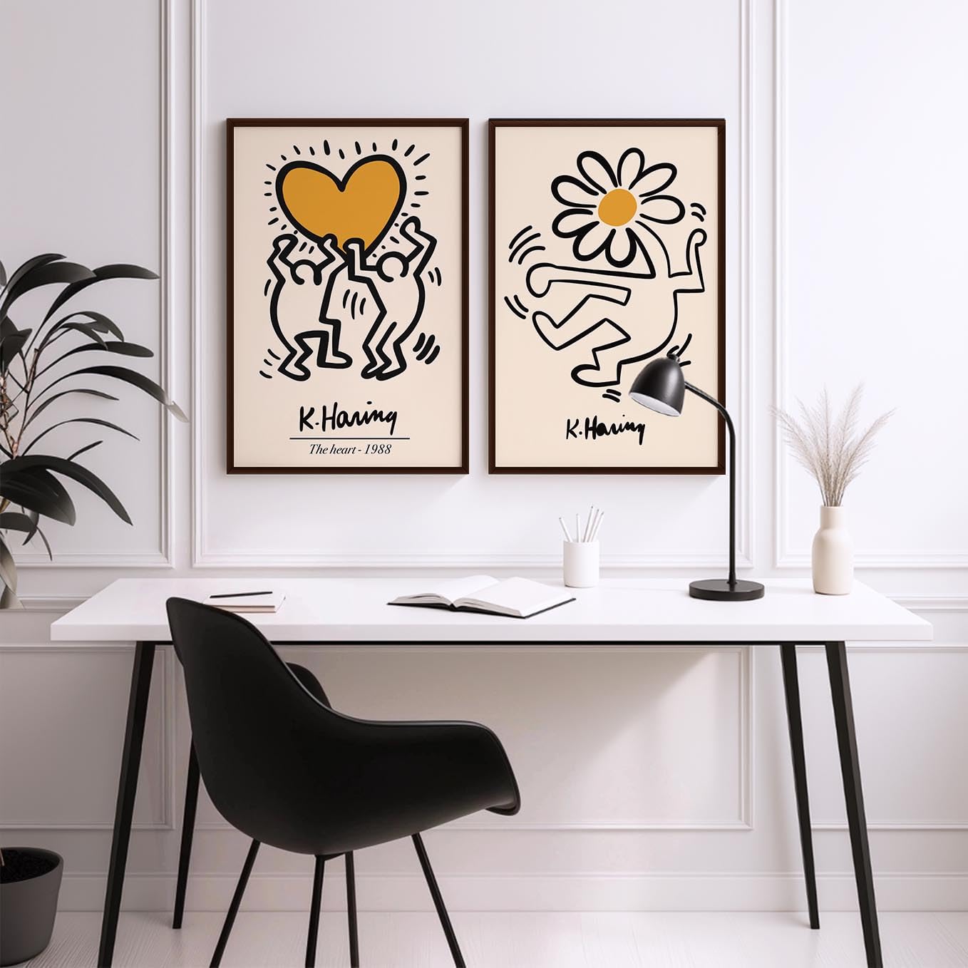 SoulAbiti Keith Haring The Heart 1988 & Dancing Figure Framed Wall Art Print Set of 2 12x18 inch Dark Brown Frame Plexi-Glass Eclectic Art Prints Home Living Room Bedroom Office Décor 1