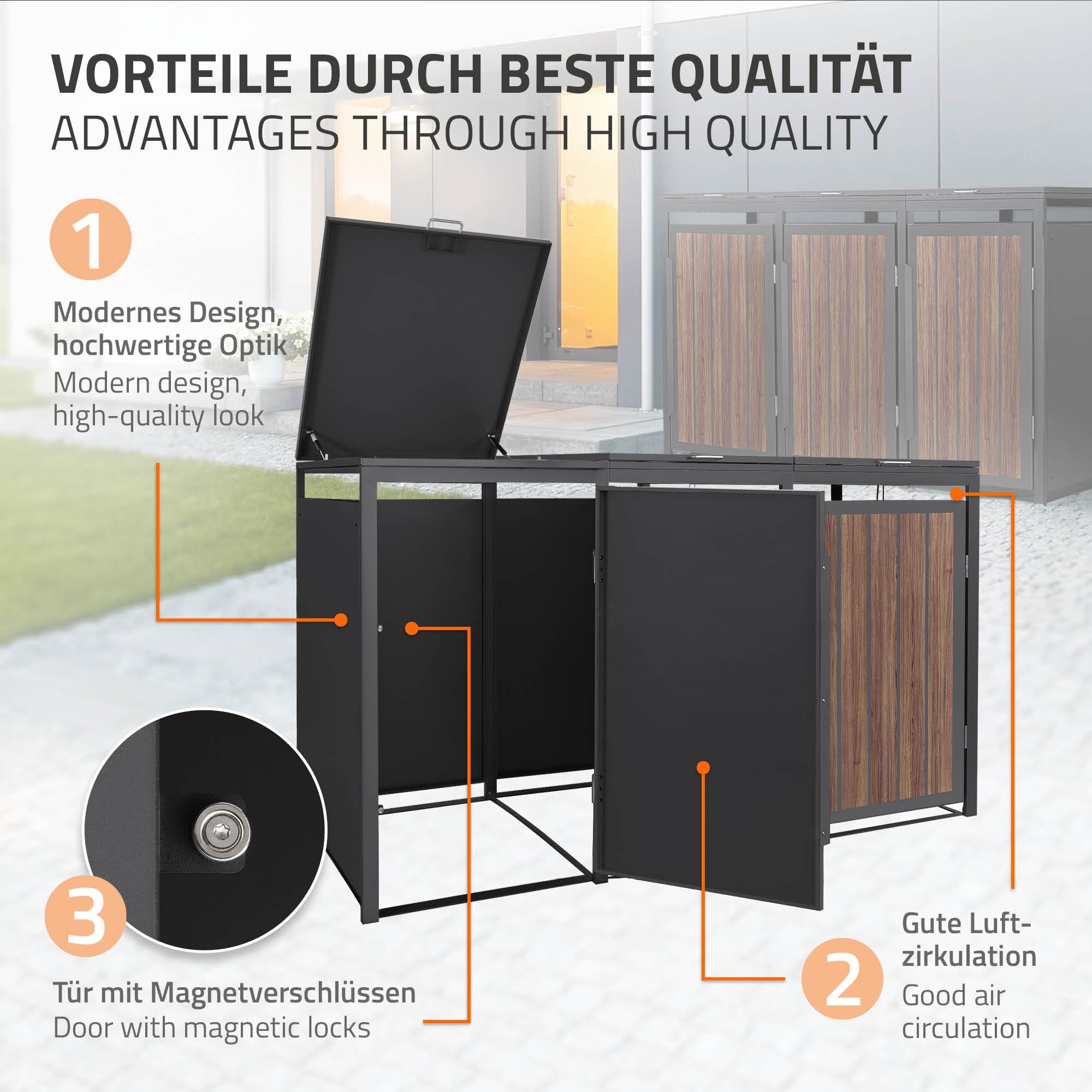 ML-Design Mülltonnenbox 3er 240L, Mülltonnenverkleidung für 3 Mülltonnen, Müllbox wetterfest, Mülltonnenhaus aus Stahl, Müllcontainer mit Klappdeckel & Tür, Gerätebox 196x80x120 cm Anthrazit-Holzoptik