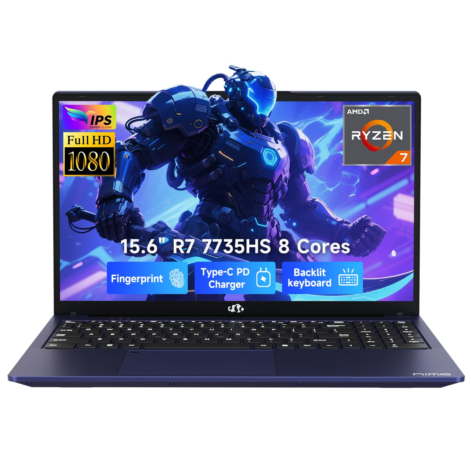 NIMO 2025 Light-Gaming-Laptop, 15.6" AMD 8 Cores Ryzen 7 7735HS (Up to 4.75GHz, Beat i7-12650H) 64GB DDR5 RAM 1TB SSD IPS FHD Computer with Radeon 680M 100W Type-C Backlit KB Fingerprint