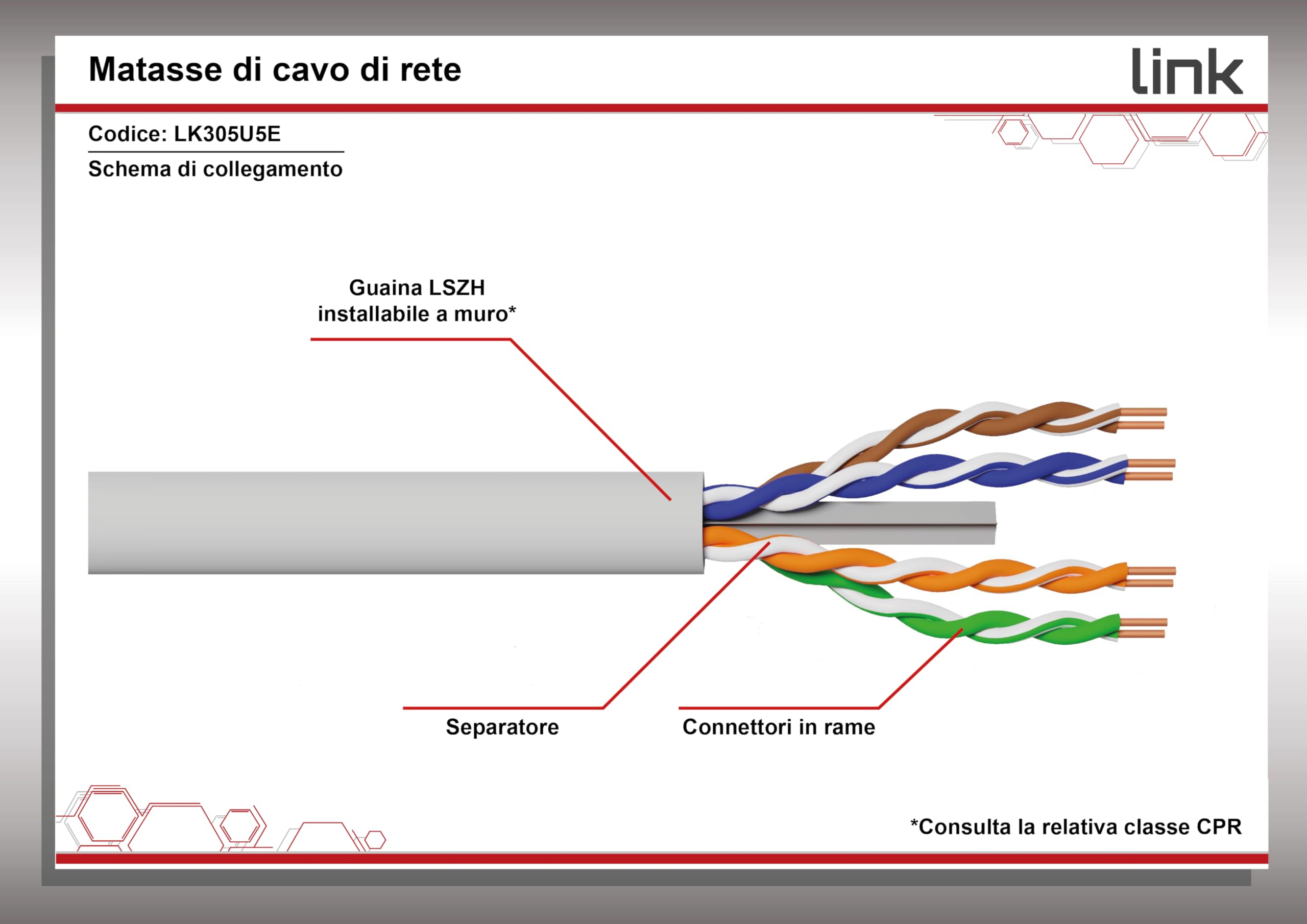 LINK LK305U5E - Cavo di rete UTP solido Categoria 5e (305 metri, grigio) – Guaina LSZH senza alogeni per installazione fissa – Conforme CPR Classe Eca per edifici civili