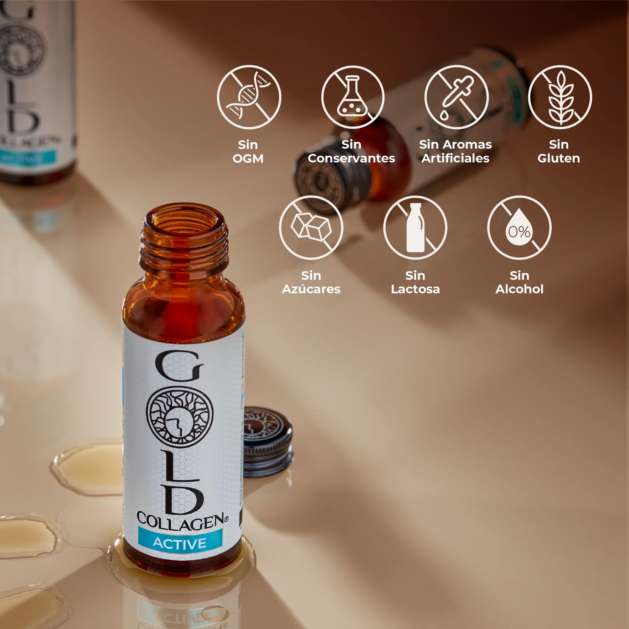 GOLD COLLAGEN® Active - Colágeno Marino Hidrolizado, Complemento Líquido Piel, Crecimiento Cabello y Articulaciones con Vitamina C y E, Glucosamina Condroitina, Colágeno y Ácido Hialurónico, 30x50 ml