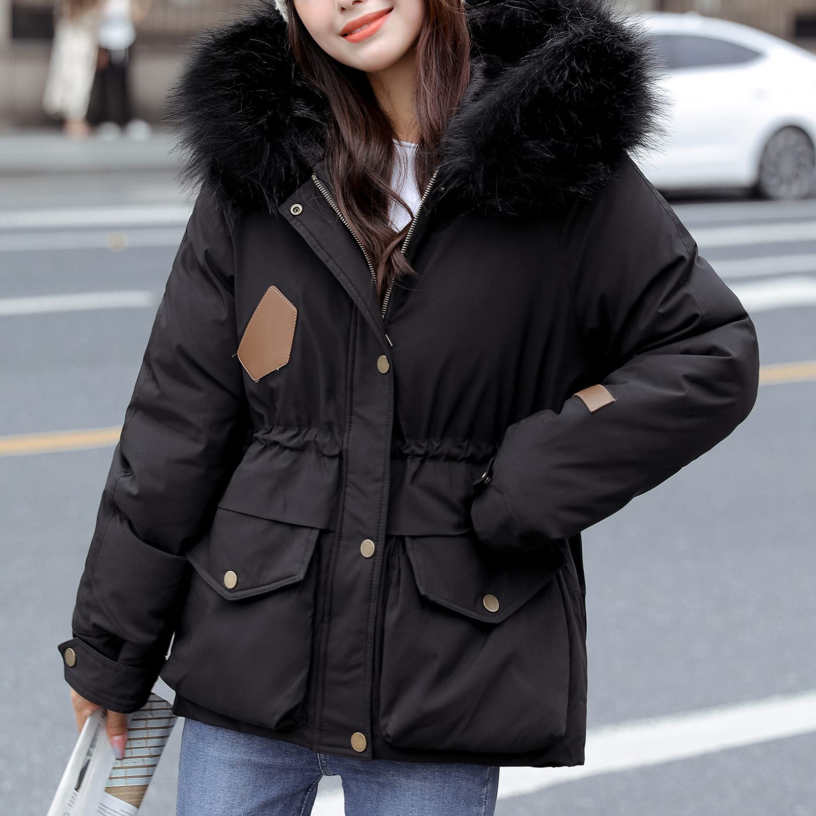 Chaqueta de invierno para mujer, moderna, cálida, acolchada, cortavientos, de piel sintética, parka con capucha, bolsillo corto, parka para exteriores, cortavientos, M - XXL