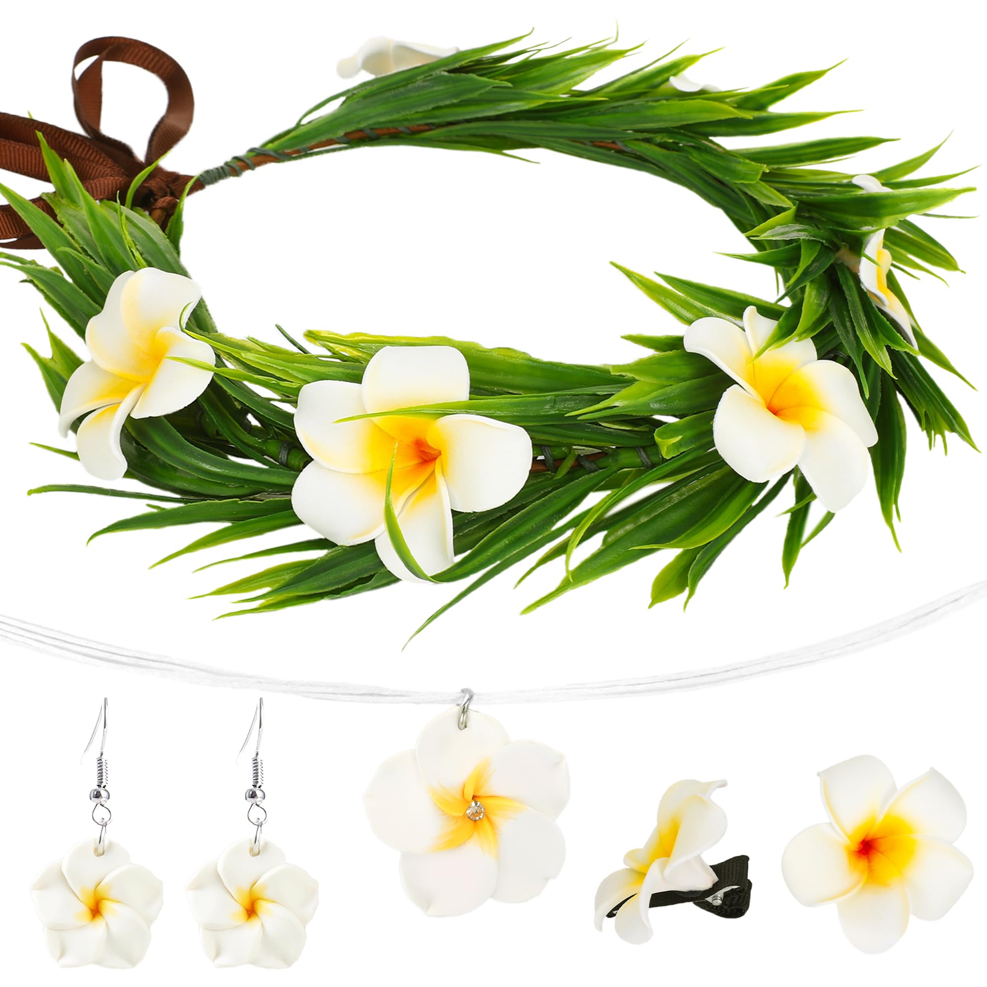 Pack of 6 Hawaiian Costume Flower Wreath Hair Elf Ears Elf Fairy Costume Women's Fancy Dress Costumes Carnival Tropical Plumeria Hairpins Necklace Earrings Crown Girls Hula Party Outfit Decorations