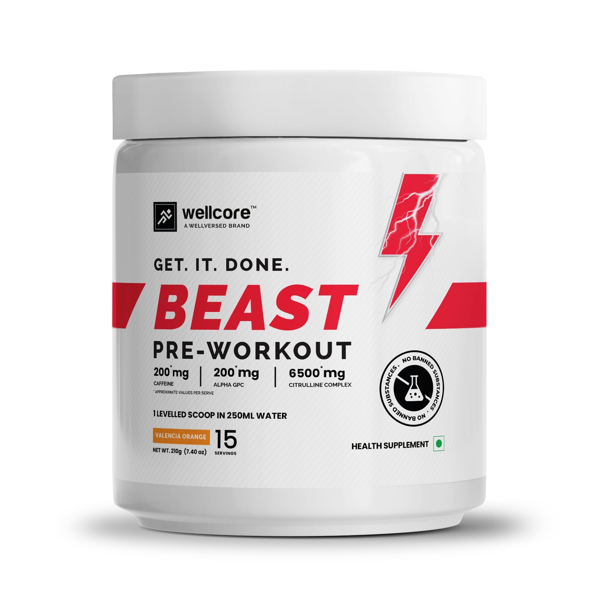Wellcore - Beast Mode Pre Workout Supplement165g, 15 Servs) | Intermediate Level Pre Workout | Wild Orange | Caffeine Free | Pre Workout For Men & Women With Creatine | Unleash The Beast Within