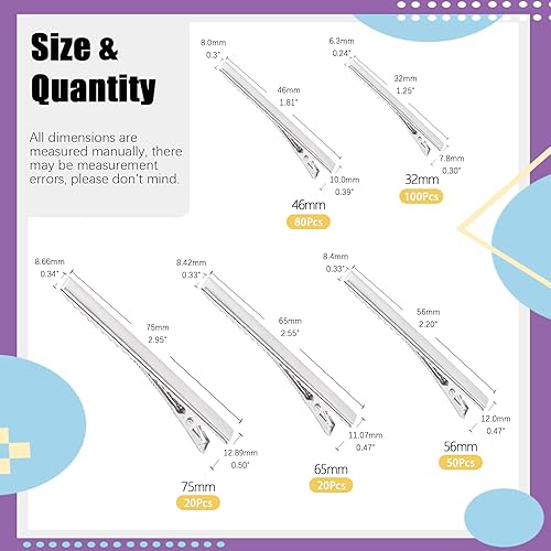 Miniatura 2 de Swpeet Juego surtido de 270 pinzas de cocodrilo de 5 tamaños, para pinzas de pelo de metal con parte superior plana, horquillas de una sola punta