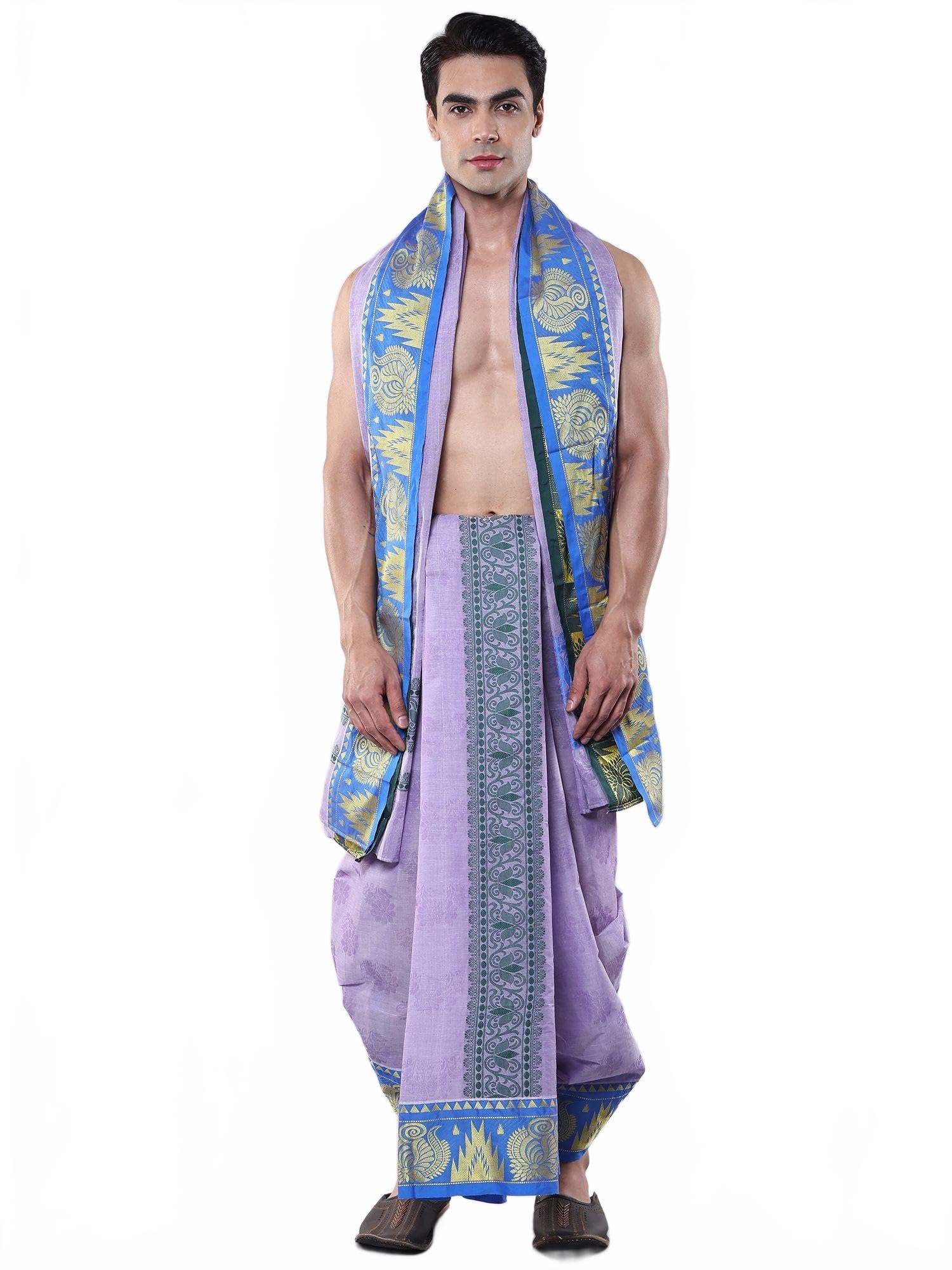Pure Cotton Dhoti and Angavastram Set with Lavender-Blue Temple Border & Floral Weave | Men's Ethnic Dhoti Temple Wedding Wear-image-0