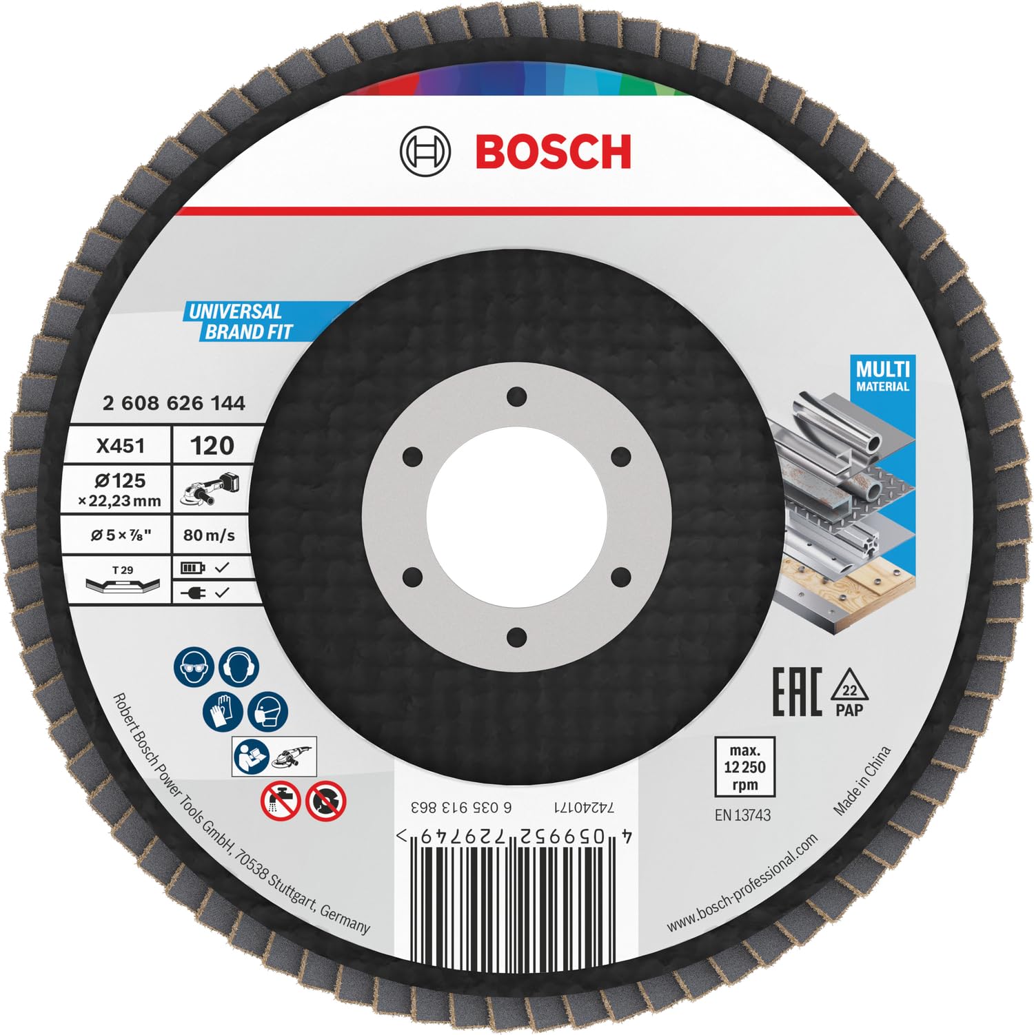 Bosch 15x Disco lamellare X451, G80, G120 (per Acciaio, Alluminio, Ø 125 mm, Grano 120, Professional Accessorio Smerigliatrice angolare piccola)