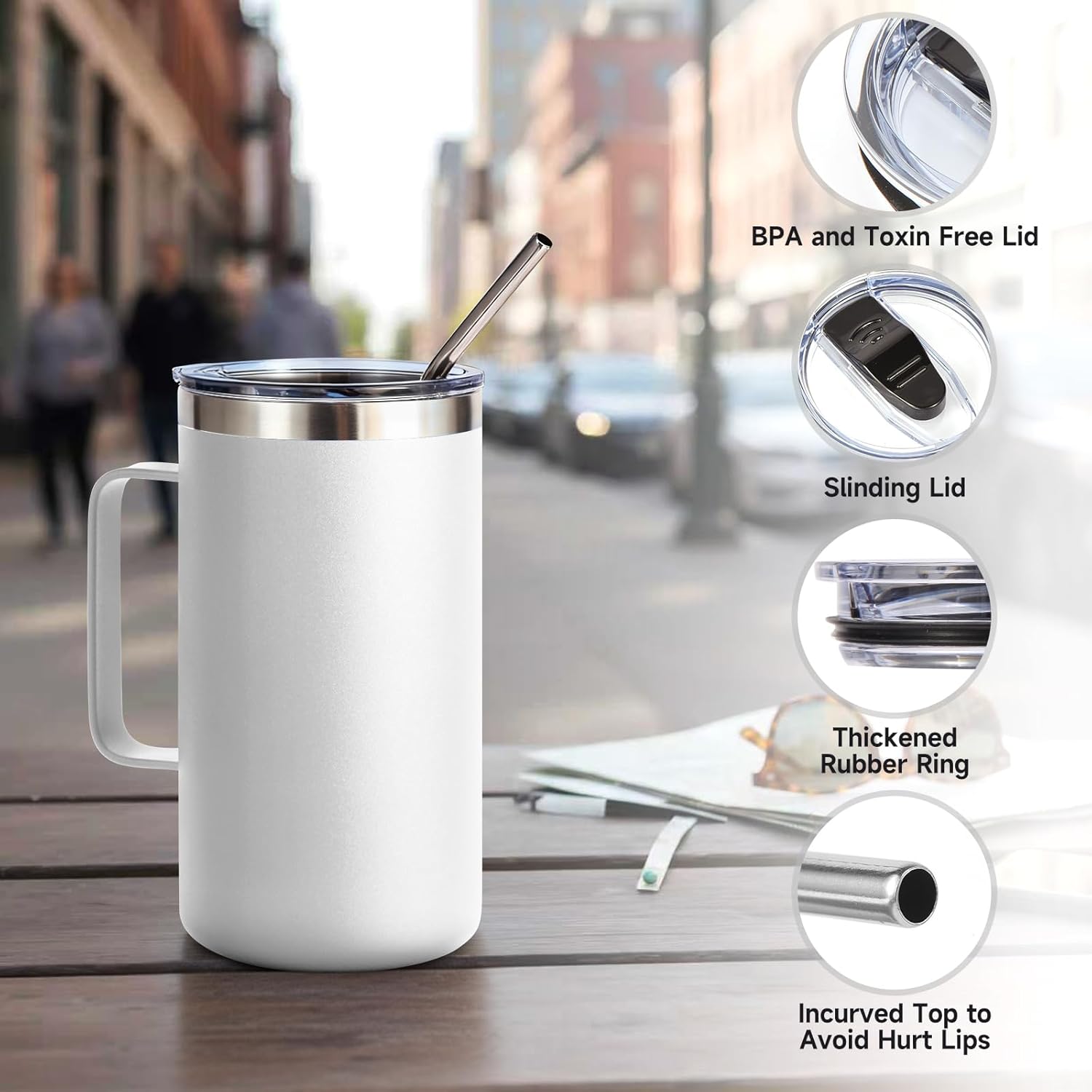 Volhoply 24oz Insulated Coffee Mug with Lid and Straw, Stainless Steel Travel Mugs with Handle, Double Wall Vacuum Leak Proof Coffee Tumbler Cup (White,1) - Image 6