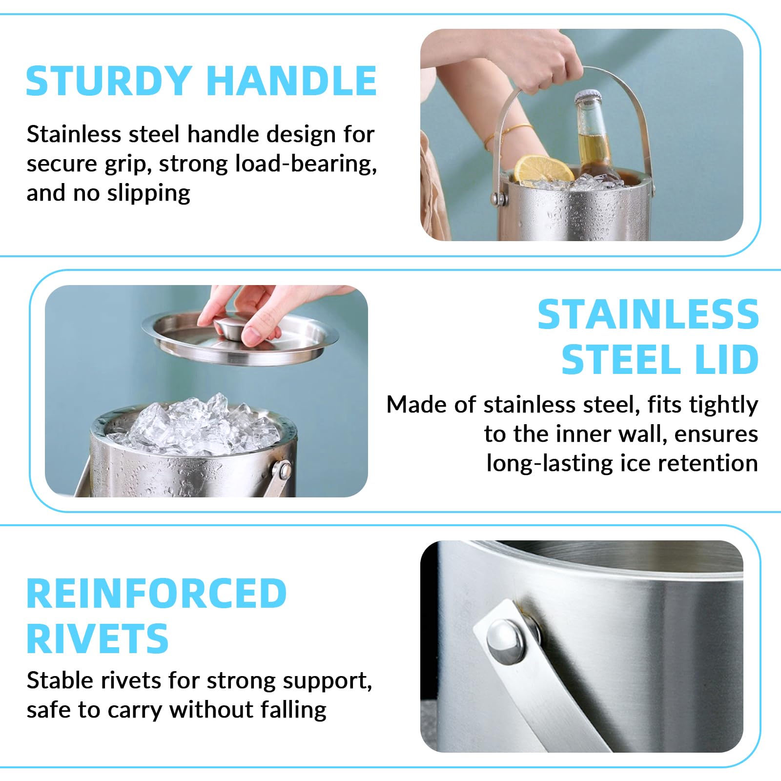Cubitera de 4L con Tapa, Set de Cubo de Hielo de Acero Inoxidable de Doble Pared con Colador, Pinzas para Hielo, Pala para Hielo, Molde de Cubitos de Silicona, Enfriador de Champán y Vino para Cerveza