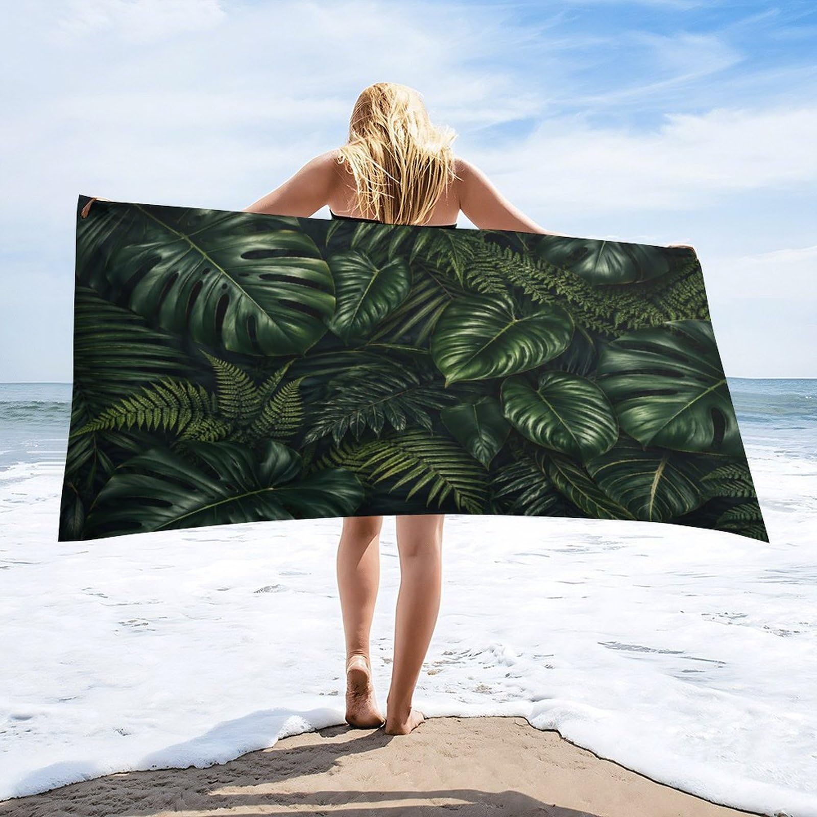 Anceky Tropical Leaves Beach Towel 32"×63",Soft Microfiber Bath Towel Shawl, Quick Dry Absorbent Pool Spa Gym Shower Towel