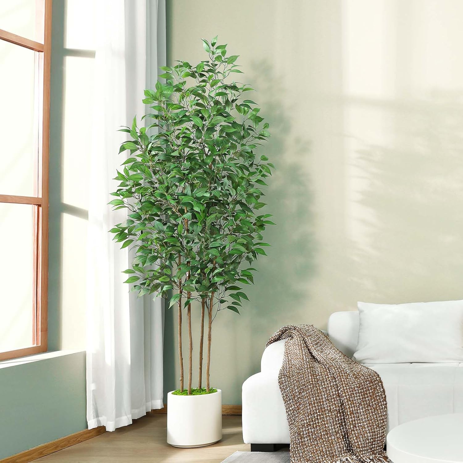 SOGUYI Ficus Artificial Tree 7ft Fake Silk Plant for Home Decor Indoor, Faux Tree in White Imitation Ceramic Planter Fake Floor Plant for Living Room and Home Office Corner Indoor Decor, Set of 1