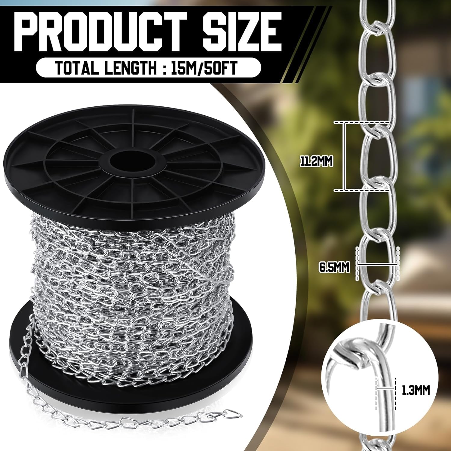 Tim Tim Agro Galvanized Steel Hanging Jack Chain, 50 ft Roll, Silver Metal Link Chain for Light Fixture, Bird Feeders, Overhead Lights, Artworks, Flowerpots, 1.3mm (Silver, 50ft) 3