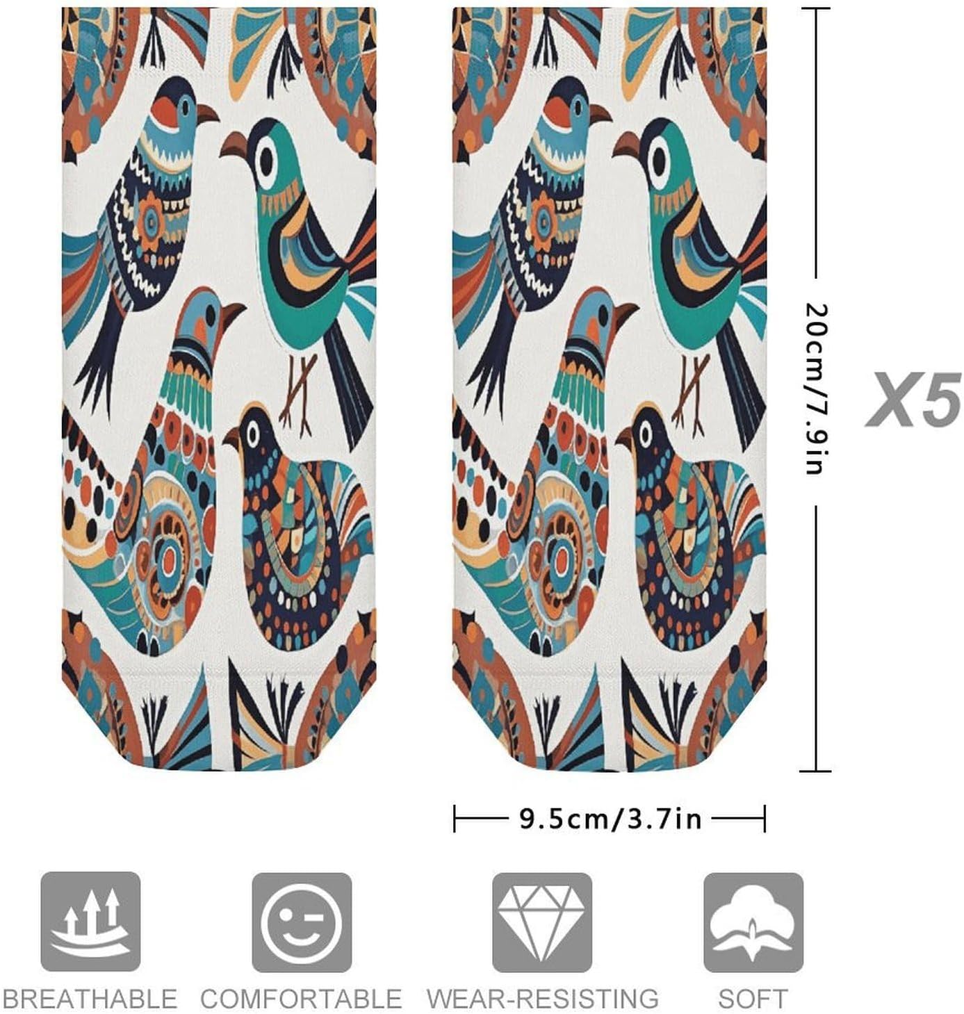 Socks for Men Women 5 Pairs Short Ankle Socks | Ethnic Style Birds Low Cut Casual Crew Sock Cute Breathable Athletic Socks Non Slip No Show Sock