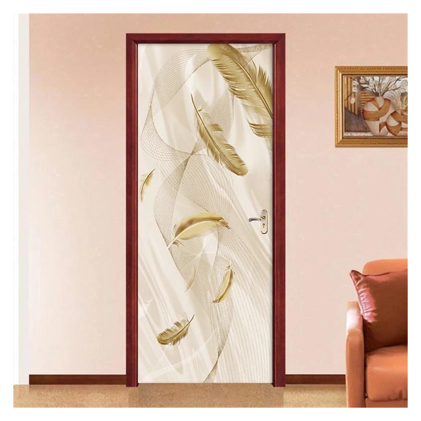 Décoration murale plume dorée autocollante en PVC de haute qualité pour porte de chambre de luxe