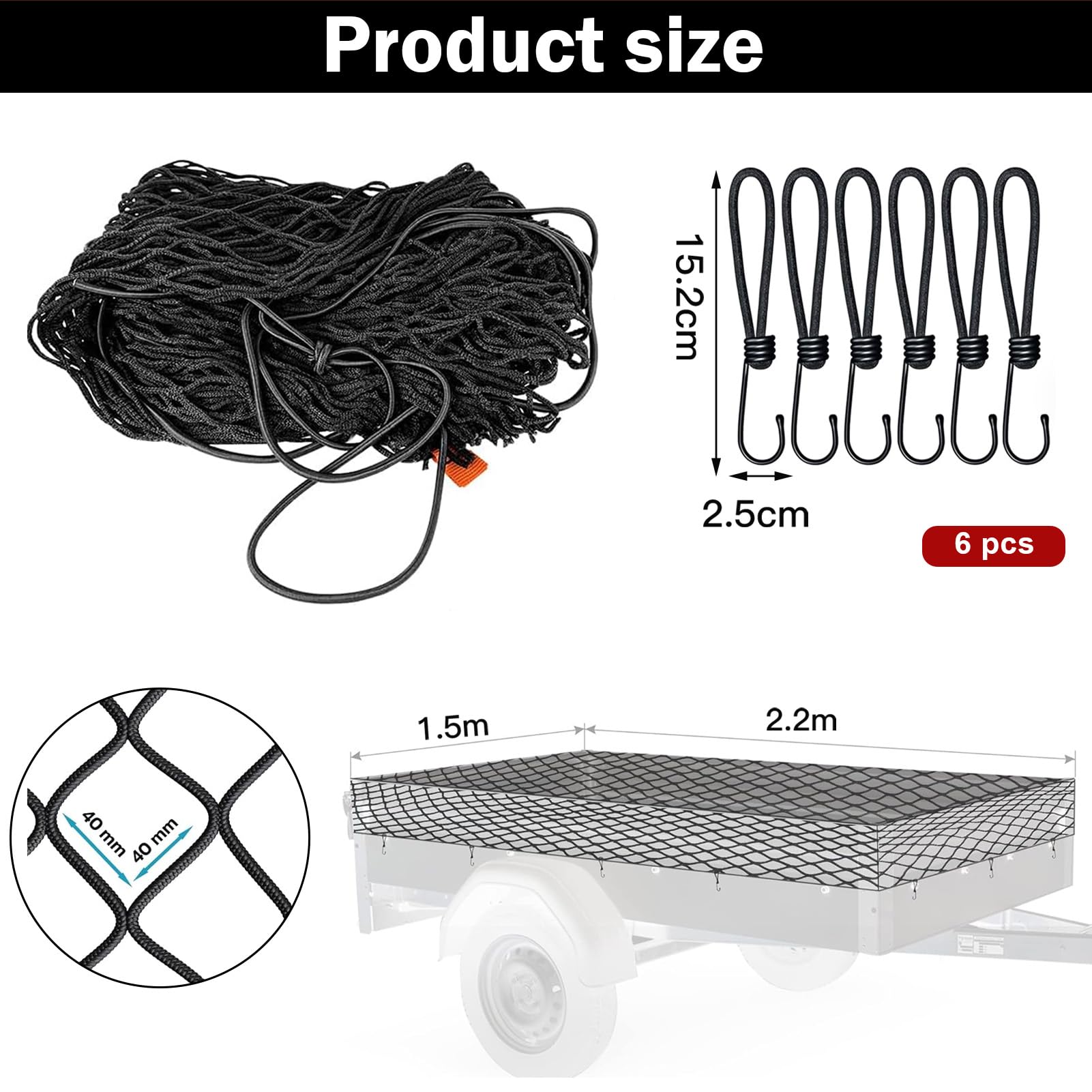 Filet de remorque - 1,5 x 2,2 m - Maille fine - Avec corde de serrage et cordon en filet - Filet de conteneur pour filet de sécurité de chargement - Noir