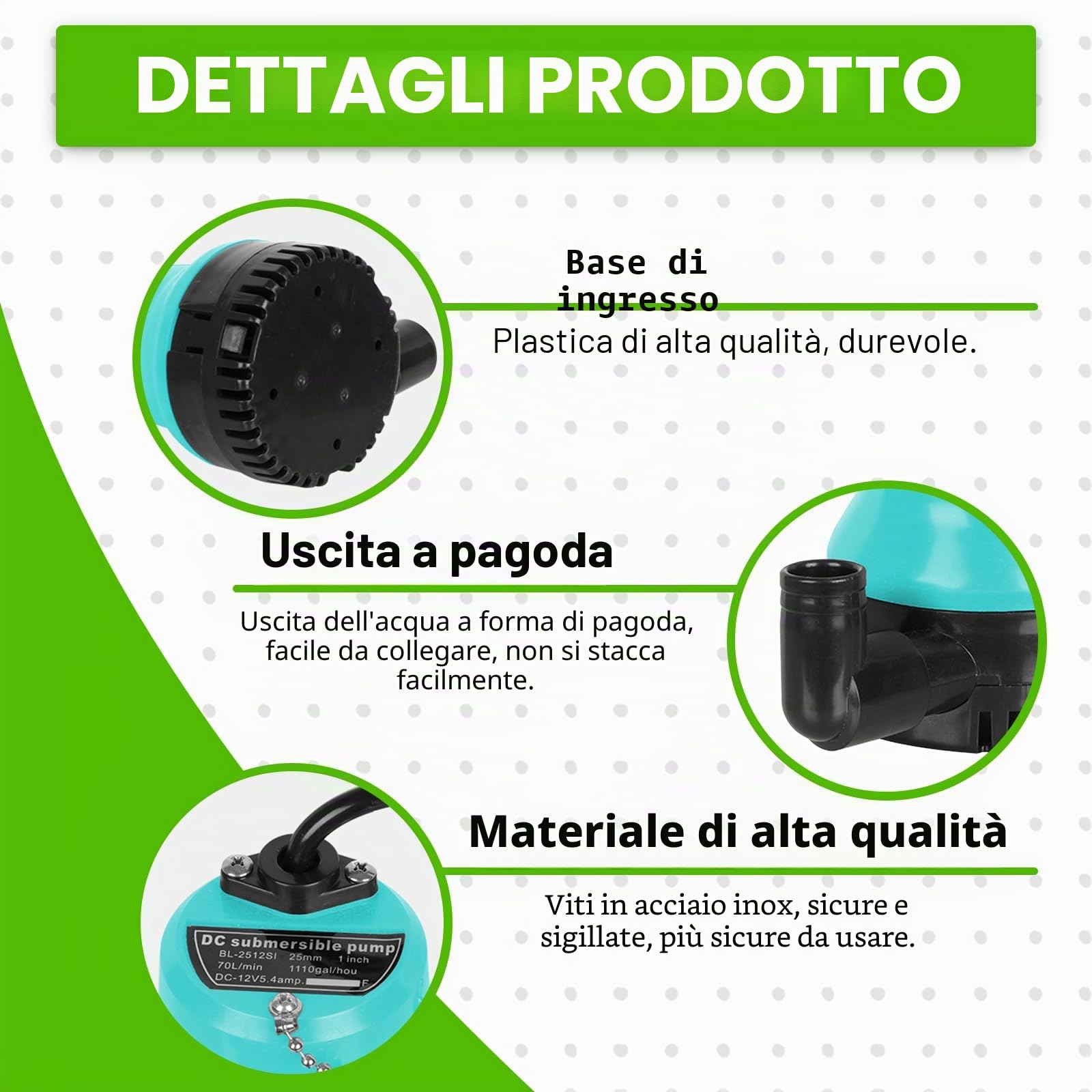 Vegena Pompa sommersa per acqua sporca, 12 V, 65 W, 3000 l/h, con morsetto, pompa per acquario, per giardini, acquari, stagni, fontane