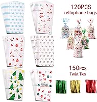 Vista 6 de XIMISHOP 120 bolsas de celofán de Navidad, bolsa de celofán transparente de Navidad con 150 lazos giratorios para recuerdos de fiesta de Navidad