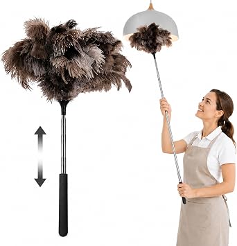 Extendable Ostrich Feather Duster 1740 Inch, Fluffy Long Handle Reusable Feather Duster, Feather Dusters for Cleaning Ceiling Fan,Pendant lamp, High Ceiling, Blinds, Furniture