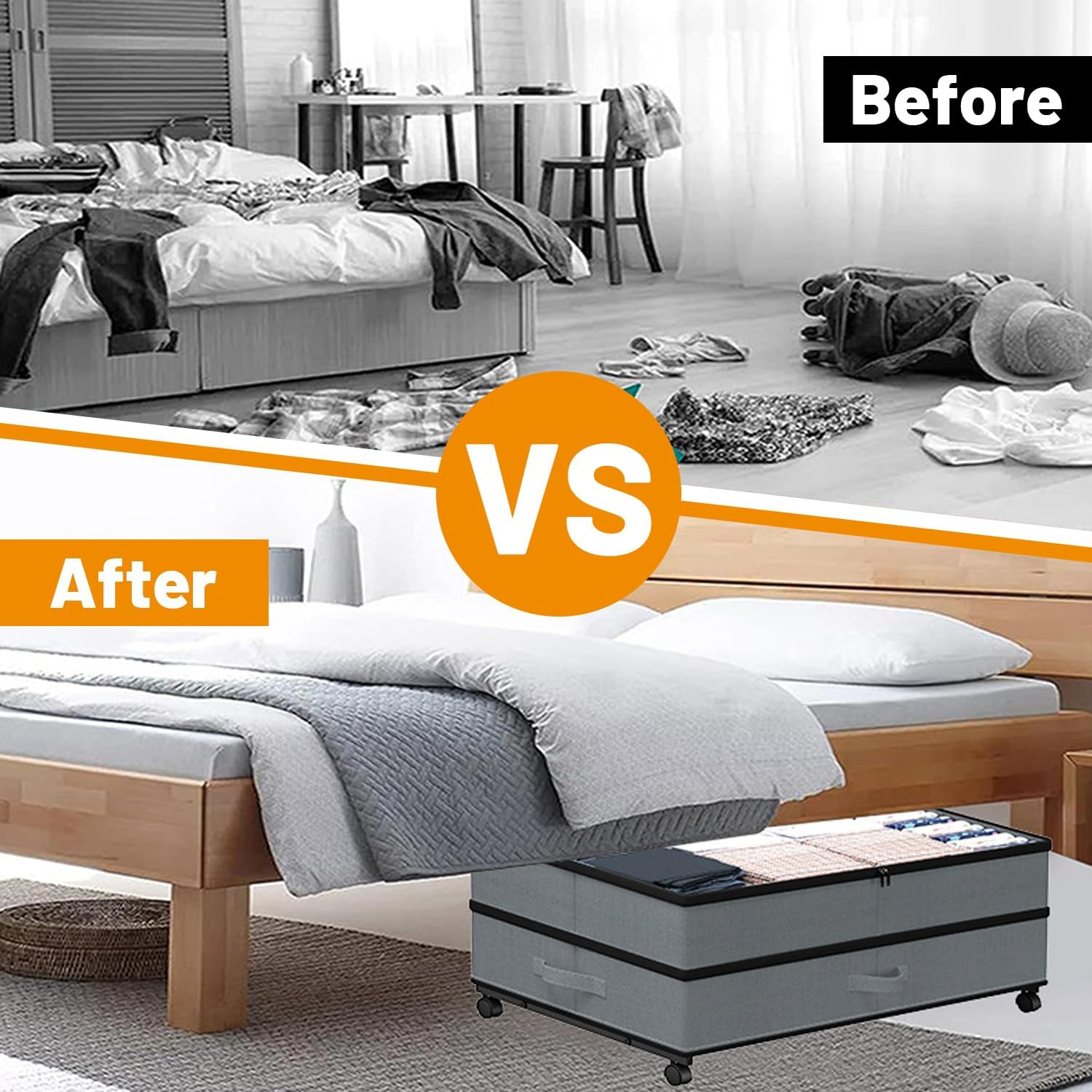 Under Bed Storage with Wheels, 2 Pack Large Capacity Storage Containers with Clear Lids & Handles, Adjustable Height 7.5”–10.6”, Under bed Organizer Bins for Shoes, Clothes, Blankets, Toys (Grey)