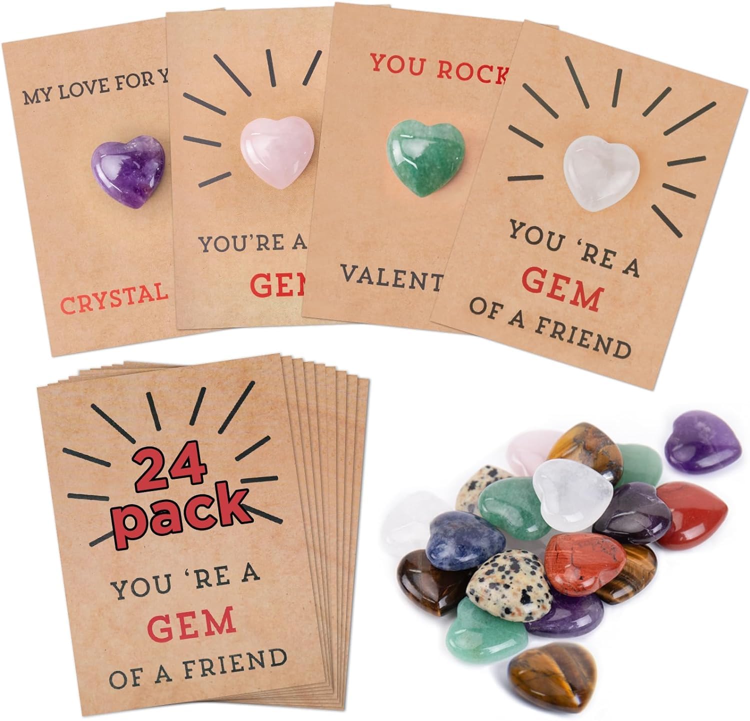 Iaolose 24 Pack Valentines Cards with Heart-Shape Crystals - Valentine Gift Exchange for Boys Girls Toddlers Class Classroom School Party Favor